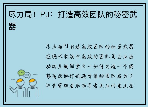 尽力局！PJ：打造高效团队的秘密武器